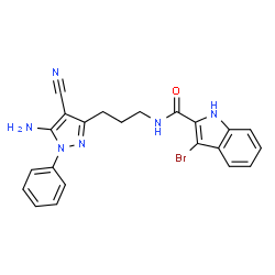 ChemSpider 2D Image | N-[3-(5-Amino-4-cyano-1-phenyl-1H-pyrazol-3-yl)propyl]-3-bromo-1H-indole-2-carboxamide | C22H19BrN6O