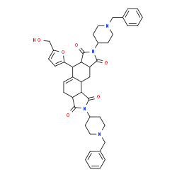 ChemSpider 2D Image | 2,8-Bis(1-benzyl-4-piperidinyl)-6-[5-(hydroxymethyl)-2-furyl]-3a,4,6,6a,9a,10,10a,10b-octahydroisoindolo[5,6-e]isoindole-1,3,7,9(2H,8H)-tetrone | C43H48N4O6