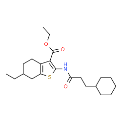 ChemSpider 2D Image | Ethyl 2-[(3-cyclohexylpropanoyl)amino]-6-ethyl-4,5,6,7-tetrahydro-1-benzothiophene-3-carboxylate | C22H33NO3S