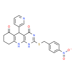 ChemSpider 2D Image | 2-[(4-Nitrobenzyl)sulfanyl]-5-(3-pyridinyl)-5,8,9,10-tetrahydropyrimido[4,5-b]quinoline-4,6(1H,7H)-dione | C23H19N5O4S