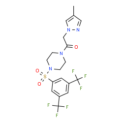 ChemSpider 2D Image | 1-(4-{[3,5-Bis(trifluoromethyl)phenyl]sulfonyl}-1-piperazinyl)-2-(4-methyl-1H-pyrazol-1-yl)ethanone | C18H18F6N4O3S