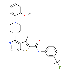 ChemSpider 2D Image | 4-[4-(2-Methoxyphenyl)-1-piperazinyl]-5-methyl-N-[3-(trifluoromethyl)phenyl]thieno[2,3-d]pyrimidine-6-carboxamide | C26H24F3N5O2S