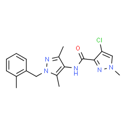 ChemSpider 2D Image | 4-Chloro-N-[3,5-dimethyl-1-(2-methylbenzyl)-1H-pyrazol-4-yl]-1-methyl-1H-pyrazole-3-carboxamide | C18H20ClN5O