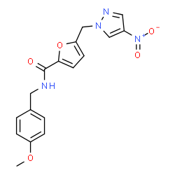 ChemSpider 2D Image | N-(4-Methoxybenzyl)-5-[(4-nitro-1H-pyrazol-1-yl)methyl]-2-furamide | C17H16N4O5