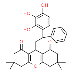 ChemSpider 2D Image | 3,3,6,6-Tetramethyl-9-(2-phenyl-2-(2,3,4-trihydroxyphenyl)ethyl)-3,4,5,6,7,9-hexahydro-1H-xanthene-1,8(2H)-dione | C31H34O6