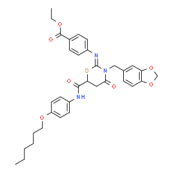 ChemSpider 2D Image | Ethyl 4-{(Z)-[3-(1,3-benzodioxol-5-ylmethyl)-6-{[4-(hexyloxy)phenyl]carbamoyl}-4-oxo-1,3-thiazinan-2-ylidene]amino}benzoate | C34H37N3O7S