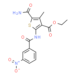 ChemSpider 2D Image | Ethyl 5-carbamoyl-4-methyl-2-[(3-nitrobenzoyl)amino]-3-thiophenecarboxylate | C16H15N3O6S