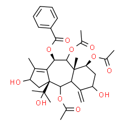 ChemSpider 2D Image | (3aS,8S,8aS,10R)-4,8,9-Triacetoxy-2,6-dihydroxy-3a-(2-hydroxy-2-propanyl)-1,8a-dimethyl-5-methylene-2,3,3a,4,4a,5,6,7,8,8a,9,10-dodecahydrobenzo[f]azulen-10-yl benzoate | C33H42O11