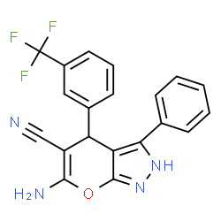 ChemSpider 2D Image | 6-Amino-3-phenyl-4-[3-(trifluoromethyl)phenyl]-2,4-dihydropyrano[2,3-c]pyrazole-5-carbonitrile | C20H13F3N4O