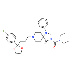 ChemSpider 2D Image | N,N-Diethyl-8-{3-[2-(4-fluorophenyl)-1,3-dioxolan-2-yl]propyl}-4-oxo-1-phenyl-1,3,8-triazaspiro[4.5]decane-3-carboxamide | C30H39FN4O4