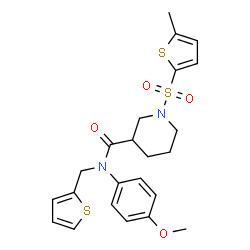 ChemSpider 2D Image | N-(4-Methoxyphenyl)-1-[(5-methyl-2-thienyl)sulfonyl]-N-(2-thienylmethyl)-3-piperidinecarboxamide | C23H26N2O4S3