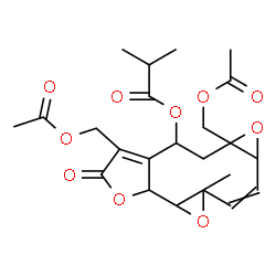 ChemSpider 2D Image | 4,6a-Bis(acetoxymethyl)-9a-methyl-3-oxo-1a,1b,3,5,6,6a,7a,9a-octahydrobisoxireno[5,6:9,10]cyclodeca[1,2-b]furan-5-yl 2-methylpropanoate | C23H28O10