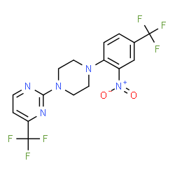 ChemSpider 2D Image | 2-{4-[2-Nitro-4-(trifluoromethyl)phenyl]-1-piperazinyl}-4-(trifluoromethyl)pyrimidine | C16H13F6N5O2