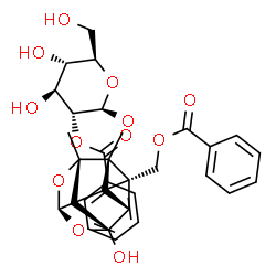 ChemSpider 2D Image | {(1R,2S,3R,5R,6R,8S)-3-[(2-O-Benzoyl-beta-D-glucopyranosyl)oxy]-6-hydroxy-8-methyl-9,10-dioxatetracyclo[4.3.1.0~2,5~.0~3,8~]dec-2-yl}methyl benzoate | C30H32O12