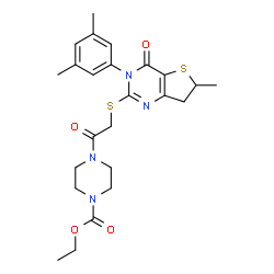 ChemSpider 2D Image | Ethyl 4-({[3-(3,5-dimethylphenyl)-6-methyl-4-oxo-3,4,6,7-tetrahydrothieno[3,2-d]pyrimidin-2-yl]sulfanyl}acetyl)-1-piperazinecarboxylate | C24H30N4O4S2