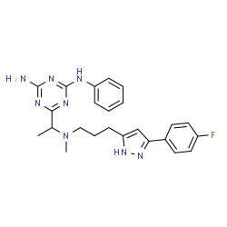 ChemSpider 2D Image | 6-{1-[{3-[3-(4-Fluorophenyl)-1H-pyrazol-5-yl]propyl}(methyl)amino]ethyl}-N-phenyl-1,3,5-triazine-2,4-diamine | C24H27FN8