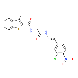 ChemSpider 2D Image | 3-Chloro-N-{2-[2-(3-chloro-4-nitrobenzylidene)hydrazino]-2-oxoethyl}-1-benzothiophene-2-carboxamide | C18H12Cl2N4O4S