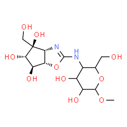 ChemSpider 2D Image | Methyl 4-deoxy-4-{[(3aR,4R,5S,6S,6aS)-4,5,6-trihydroxy-4-(hydroxymethyl)-4,5,6,6a-tetrahydro-3aH-cyclopenta[d][1,3]oxazol-2-yl]amino}hexopyranoside | C14H24N2O10