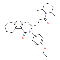 ChemSpider 2D Image | 2-{[2-(2,6-Dimethyl-1-piperidinyl)-2-oxoethyl]sulfanyl}-3-(4-ethoxyphenyl)-5,6,7,8-tetrahydro[1]benzothieno[2,3-d]pyrimidin-4(3H)-one | C27H33N3O3S2