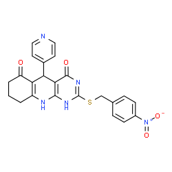 ChemSpider 2D Image | 2-[(4-Nitrobenzyl)sulfanyl]-5-(4-pyridinyl)-5,8,9,10-tetrahydropyrimido[4,5-b]quinoline-4,6(1H,7H)-dione | C23H19N5O4S