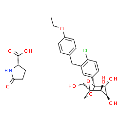 ChemSpider 2D Image | (2S)-5-Oxo-2-pyrrolidinecarboxylic acid - (1R,2S,3S,4R,5S)-5-[4-chloro-3-(4-ethoxybenzyl)phenyl]-1-(hydroxymethyl)-6,8-dioxabicyclo[3.2.1]octane-2,3,4-triol (1:1) (non-preferred name) | C27H32ClNO10