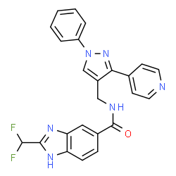 ChemSpider 2D Image | 2-(Difluoromethyl)-N-{[1-phenyl-3-(4-pyridinyl)-1H-pyrazol-4-yl]methyl}-1H-benzimidazole-5-carboxamide | C24H18F2N6O