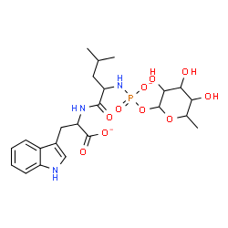 ChemSpider 2D Image | 3-(1H-Indol-3-yl)-2-{[4-methyl-2-({[(3,4,5-trihydroxy-6-methyltetrahydro-2H-pyran-2-yl)oxy]phosphinato}amino)pentanoyl]amino}propanoate | C23H32N3O10P