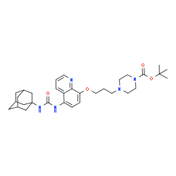 ChemSpider 2D Image | 2-Methyl-2-propanyl 4-[3-({5-[(adamantan-1-ylcarbamoyl)amino]-8-quinolinyl}oxy)propyl]-1-piperazinecarboxylate | C32H45N5O4