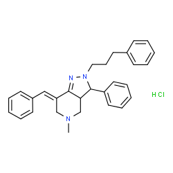 ChemSpider 2D Image | (7E)-7-Benzylidene-5-methyl-3-phenyl-2-(3-phenylpropyl)-3,3a,4,5,6,7-hexahydro-2H-pyrazolo[4,3-c]pyridine hydrochloride (1:1) | C29H32ClN3