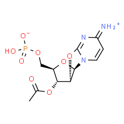 ChemSpider 2D Image | [(2R,3R,3aR,9aR)-3-Acetoxy-6-iminio-2,3,3a,9a-tetrahydro-6H-furo[2',3':4,5][1,3]oxazolo[3,2-a]pyrimidin-2-yl]methyl hydrogen phosphate | C11H14N3O8P