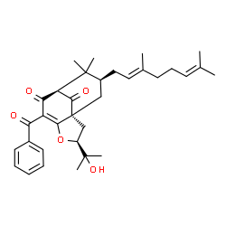 ChemSpider 2D Image | (1R,3S,8S,10S)-6-Benzoyl-10-[(2E)-3,7-dimethyl-2,6-octadien-1-yl]-3-(2-hydroxy-2-propanyl)-9,9-dimethyl-4-oxatricyclo[6.3.1.0~1,5~]dodec-5-ene-7,12-dione | C33H42O5