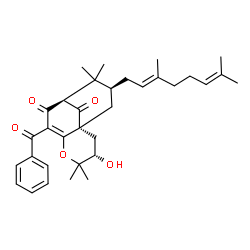 ChemSpider 2D Image | (1R,3S,9S,11S)-7-Benzoyl-11-[(2E)-3,7-dimethyl-2,6-octadien-1-yl]-3-hydroxy-4,4,10,10-tetramethyl-5-oxatricyclo[7.3.1.0~1,6~]tridec-6-ene-8,13-dione | C33H42O5