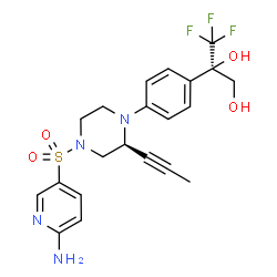 ChemSpider 2D Image | (2R)-2-{4-[(2S)-4-[(6-Amino-3-pyridinyl)sulfonyl]-2-(1-propyn-1-yl)-1-piperazinyl]phenyl}-3,3,3-trifluoro-1,2-propanediol | C21H23F3N4O4S