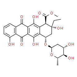 ChemSpider 2D Image | Methyl (1R,2R,4S)-4-[(2,6-dideoxy-alpha-L-arabino-hexopyranosyl)oxy]-2-ethyl-2,5,7,12-tetrahydroxy-6,11-dioxo-1,2,3,4,6,11-hexahydro-1-tetracenecarboxylate | C28H30O12