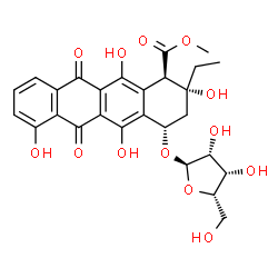 ChemSpider 2D Image | Methyl (1R,2R,4S)-2-ethyl-2,5,7,12-tetrahydroxy-4-(alpha-L-lyxofuranosyloxy)-6,11-dioxo-1,2,3,4,6,11-hexahydro-1-tetracenecarboxylate | C27H28O13