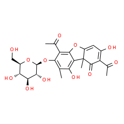 ChemSpider 2D Image | 4,8-Diacetyl-1,7-dihydroxy-2,9a-dimethyl-9-oxo-9,9a-dihydrodibenzo[b,d]furan-3-yl beta-D-glucopyranoside | C24H26O12