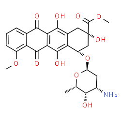ChemSpider 2D Image | Methyl (2S,4S)-4-[(3-amino-2,3,6-trideoxy-alpha-L-lyxo-hexopyranosyl)oxy]-2,5,12-trihydroxy-7-methoxy-6,11-dioxo-1,2,3,4,6,11-hexahydro-2-tetracenecarboxylate | C27H29NO11