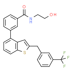 ChemSpider 2D Image | N-(2-Hydroxyethyl)-3-{2-[3-(trifluoromethyl)benzyl]-1-benzothiophen-4-yl}benzamide | C25H20F3NO2S