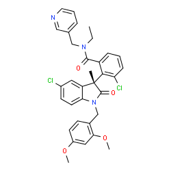 ChemSpider 2D Image | 3-Chloro-2-[(3R)-5-chloro-1-(2,4-dimethoxybenzyl)-3-methyl-2-oxo-2,3-dihydro-1H-indol-3-yl]-N-ethyl-N-(3-pyridinylmethyl)benzamide | C33H31Cl2N3O4
