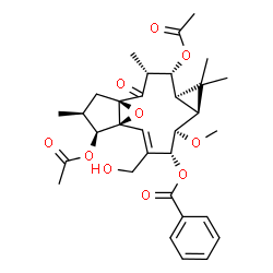 ChemSpider 2D Image | (1R,3R,4R,5R,7S,8R,9R,10E,12S,13S,14S)-4,13-Diacetoxy-10-(hydroxymethyl)-8-methoxy-3,6,6,14-tetramethyl-2-oxo-16-oxatetracyclo[10.3.1.0~1,12~.0~5,7~]hexadec-10-en-9-yl benzoate | C32H40O10
