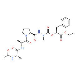 ChemSpider 2D Image | (2S)-1-Ethoxy-1-oxo-3-phenyl-2-propanyl 2-({(2S)-1-[(2S)-2-{[(2S)-2-acetamidopropanoyl]amino}propanoyl]-2-pyrrolidinyl}carbonyl)-1-methylhydrazinecarboxylate (non-preferred name) | C26H37N5O8