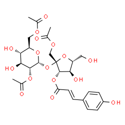 ChemSpider 2D Image | 1-O-Acetyl-3-O-[(2E)-3-(4-hydroxyphenyl)-2-propenoyl]-beta-D-fructofuranosyl 2,6-di-O-acetyl-alpha-D-glucopyranoside | C27H34O16