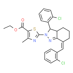 ChemSpider 2D Image | Ethyl 2-[(7Z)-7-(2-chlorobenzylidene)-3-(2-chlorophenyl)-3,3a,4,5,6,7-hexahydro-2H-indazol-2-yl]-4-methyl-1,3-thiazole-5-carboxylate | C27H25Cl2N3O2S