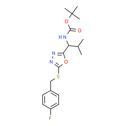 ChemSpider 2D Image | 2-Methyl-2-propanyl (1-{5-[(4-fluorobenzyl)sulfanyl]-1,3,4-oxadiazol-2-yl}-2-methylpropyl)carbamate | C18H24FN3O3S