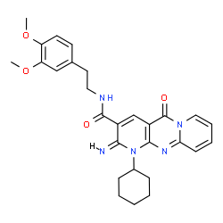 ChemSpider 2D Image | (2E)-1-Cyclohexyl-N-[2-(3,4-dimethoxyphenyl)ethyl]-2-imino-5-oxo-1,5-dihydro-2H-dipyrido[1,2-a:2',3'-d]pyrimidine-3-carboxamide | C28H31N5O4