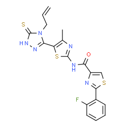 ChemSpider 2D Image | N-[5-(4-Allyl-5-thioxo-4,5-dihydro-1H-1,2,4-triazol-3-yl)-4-methyl-1,3-thiazol-2-yl]-2-(2-fluorophenyl)-1,3-thiazole-4-carboxamide | C19H15FN6OS3