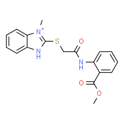 ChemSpider 2D Image | 2-[(2-{[2-(Methoxycarbonyl)phenyl]amino}-2-oxoethyl)sulfanyl]-3-methyl-1H-benzimidazol-3-ium | C18H18N3O3S