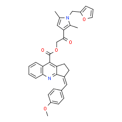 ChemSpider 2D Image | 2-[1-(2-Furylmethyl)-2,5-dimethyl-1H-pyrrol-3-yl]-2-oxoethyl (3Z)-3-(4-methoxybenzylidene)-2,3-dihydro-1H-cyclopenta[b]quinoline-9-carboxylate | C34H30N2O5