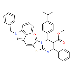 ChemSpider 2D Image | Ethyl (2E)-2-[(1-benzyl-1H-indol-3-yl)methylene]-5-(4-isopropylphenyl)-3-oxo-7-phenyl-2,3-dihydro-5H-[1,3]thiazolo[3,2-a]pyrimidine-6-carboxylate | C40H35N3O3S