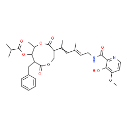 ChemSpider 2D Image | 8-Benzyl-3-(6-{[(3-hydroxy-4-methoxy-2-pyridinyl)carbonyl]amino}-4-methyl-2,4-hexadien-2-yl)-6-methyl-4,9-dioxo-1,5-dioxonan-7-yl 2-methylpropanoate (non-preferred name) | C33H40N2O9